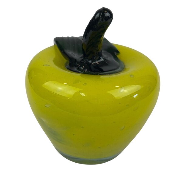 Murano Style Vintage Green Glass Apple Paperweight Stem Leaf Accent - Picture 5 of 10